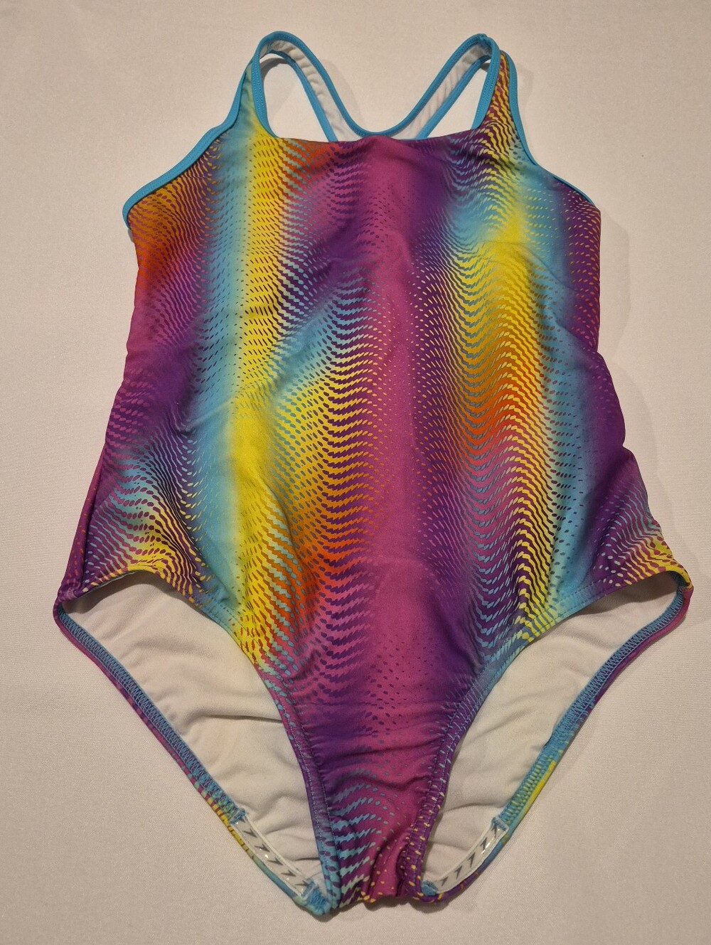 Speedo Rainbow Striped Swimsuit Girls 16 Racerback One Piece Swim Team Vertical